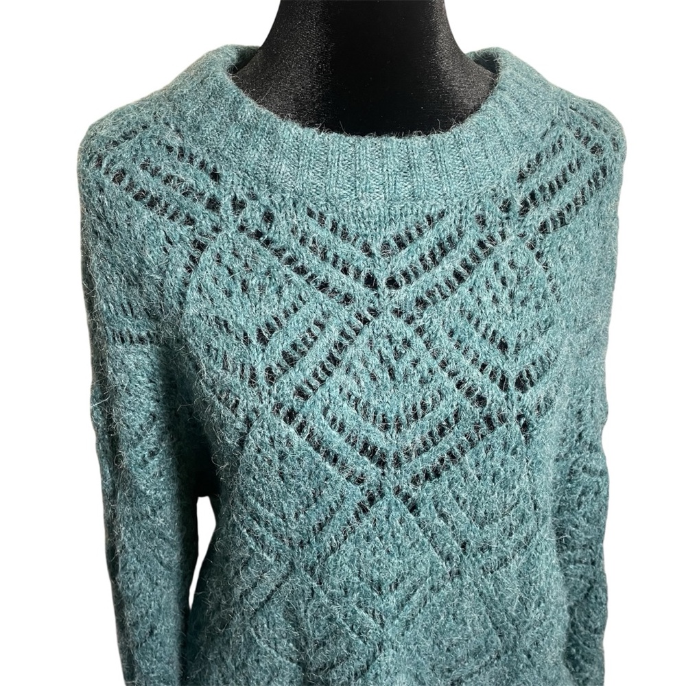 American Eagle Pointelle Crew Neck Sweater Knit Teal Oversized wool blend